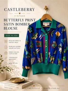 Castleberry Vintage Butterfly Print Satin Bomber Blouse Size 16